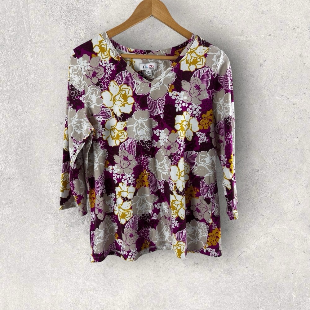 Denim & Co Popover Tee Top Knit Pink Yellow Floral Soft Stretch Knit Size Medium